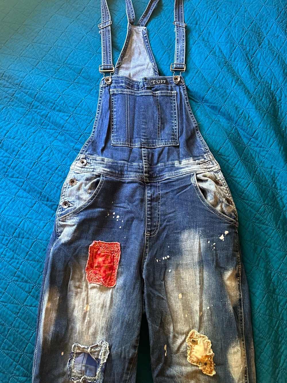 Women’s Artsy Blue Denim Overalls with Distressed Patch Details, Cowgirl Tuff